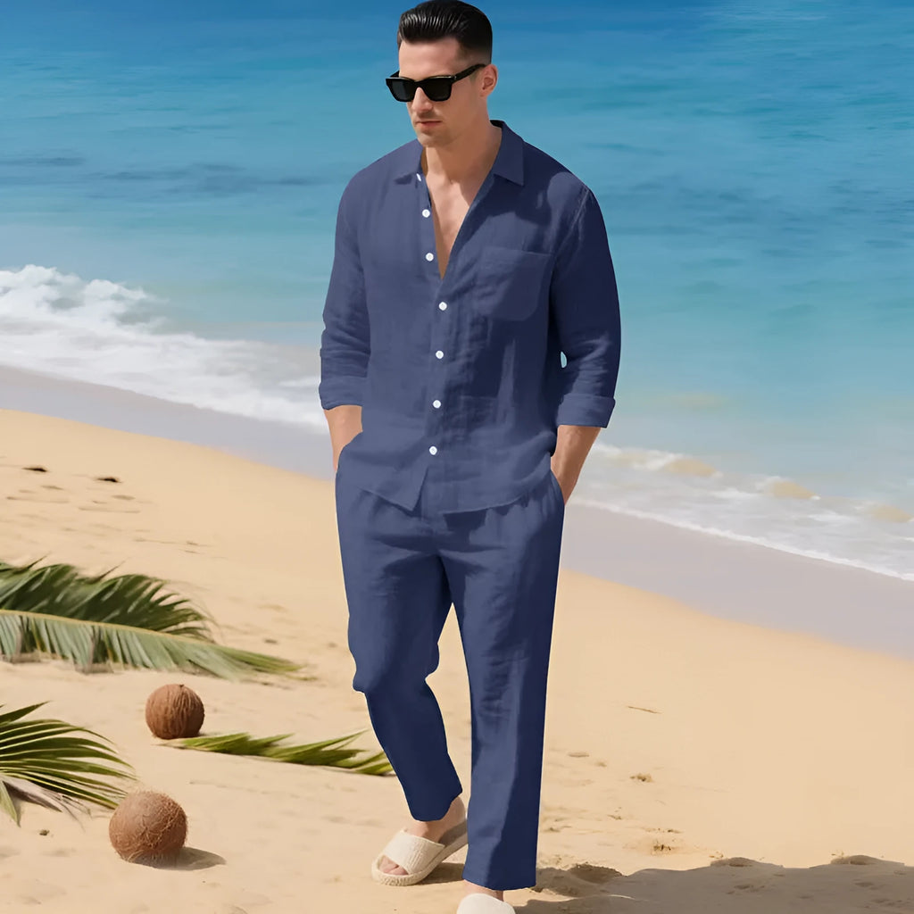 Beach Leisure linen blend casual shirt and pants set in khaki, loose collar long sleeves, autumn wear