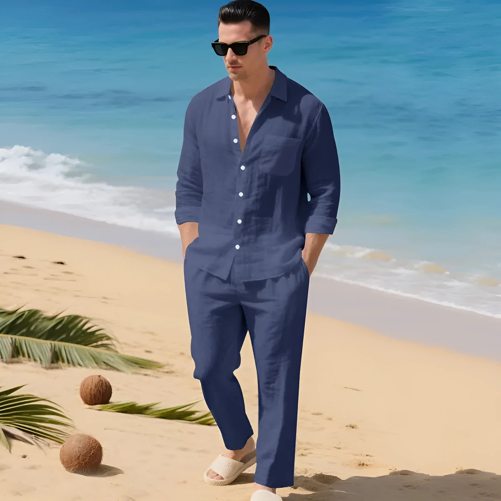 Beach Leisure linen blend casual shirt and pants set in khaki, loose collar long sleeves, autumn wear