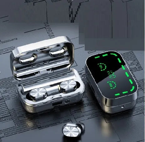 Wireless black Bluetooth sports earbuds with touch controls shown in a charging case.