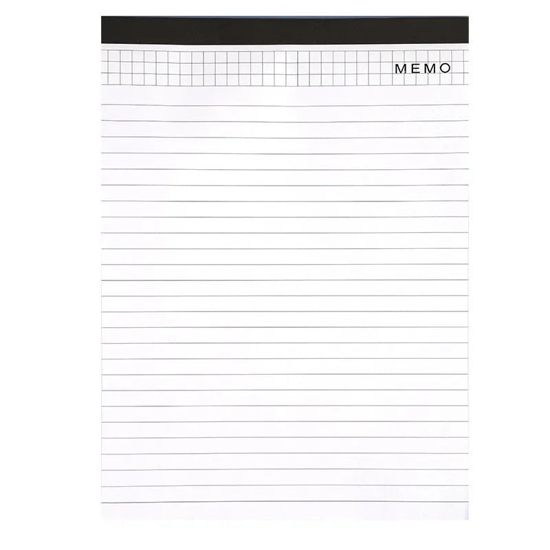 A4 tearable grid notebook with a paper cover, lying open to show ivory pages and wireless binding.