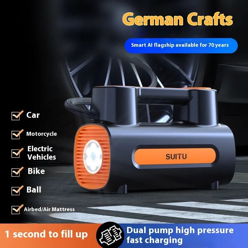 Car portable air pump with digital display and lighting, 120W wired tire inflator with four nozzles