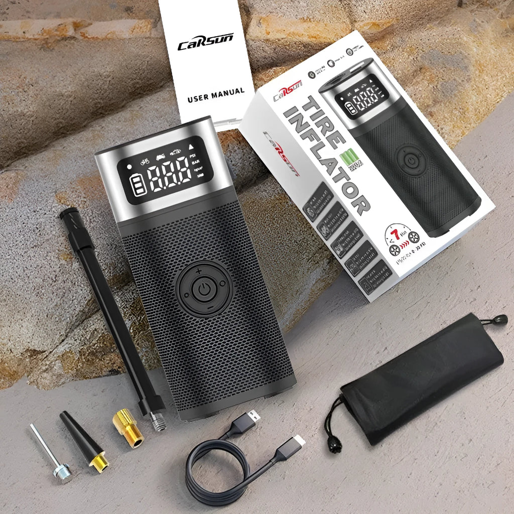 Black portable wireless air pump with USB charging cable and multiple inflation nozzles