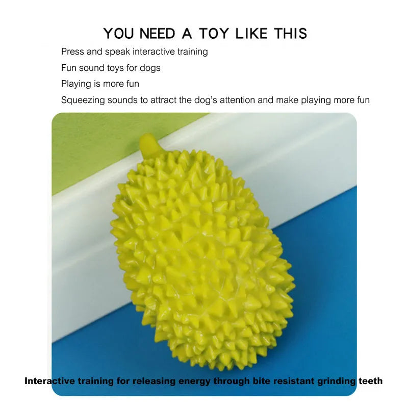 Colourful durian-shaped dog chew toy with textured surface and a squeaky ball