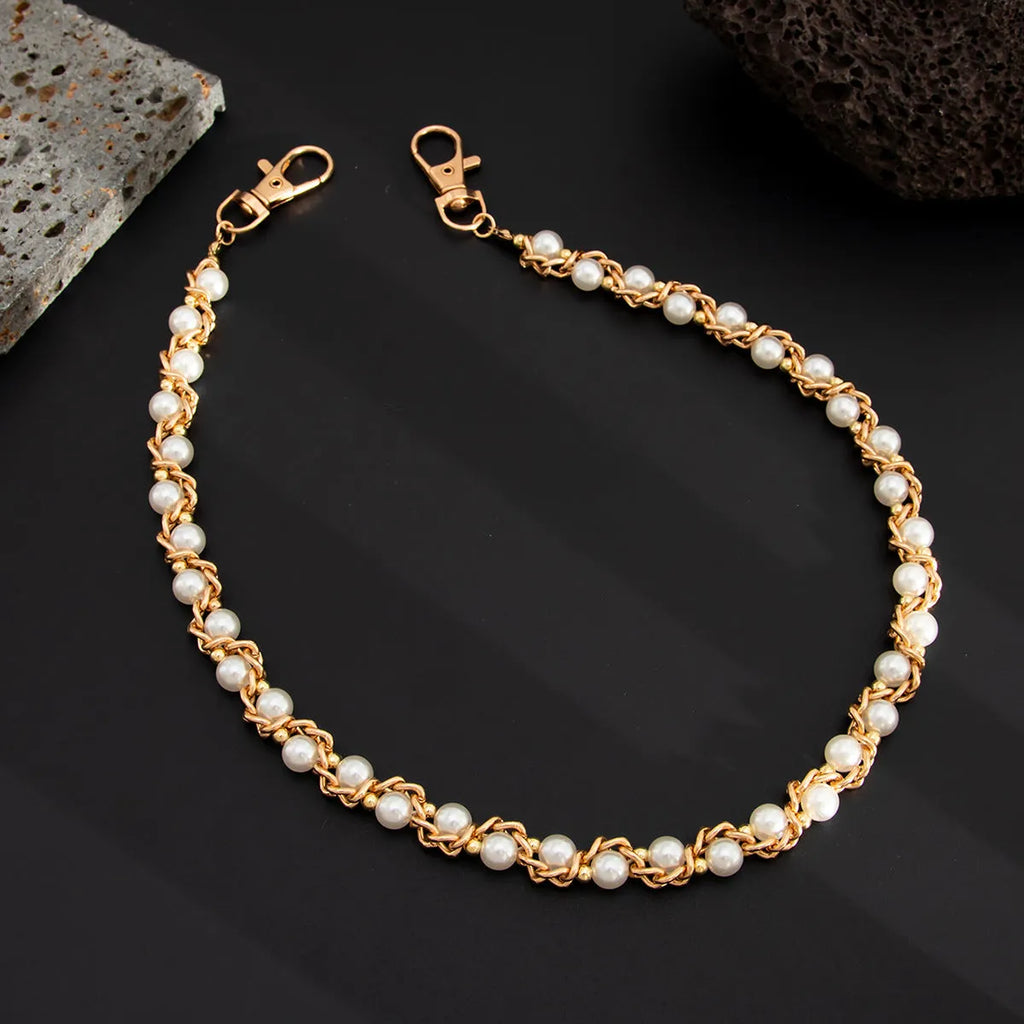 Men's imitation pearl waist chain in gold or white alloy with zipper detail and handmade hip hop style