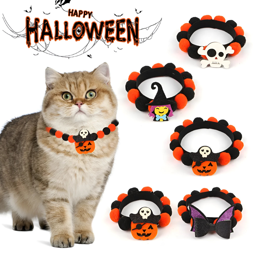 Halloween pet collar with a fur ball decoration in a pumpkin design, shown in size M.