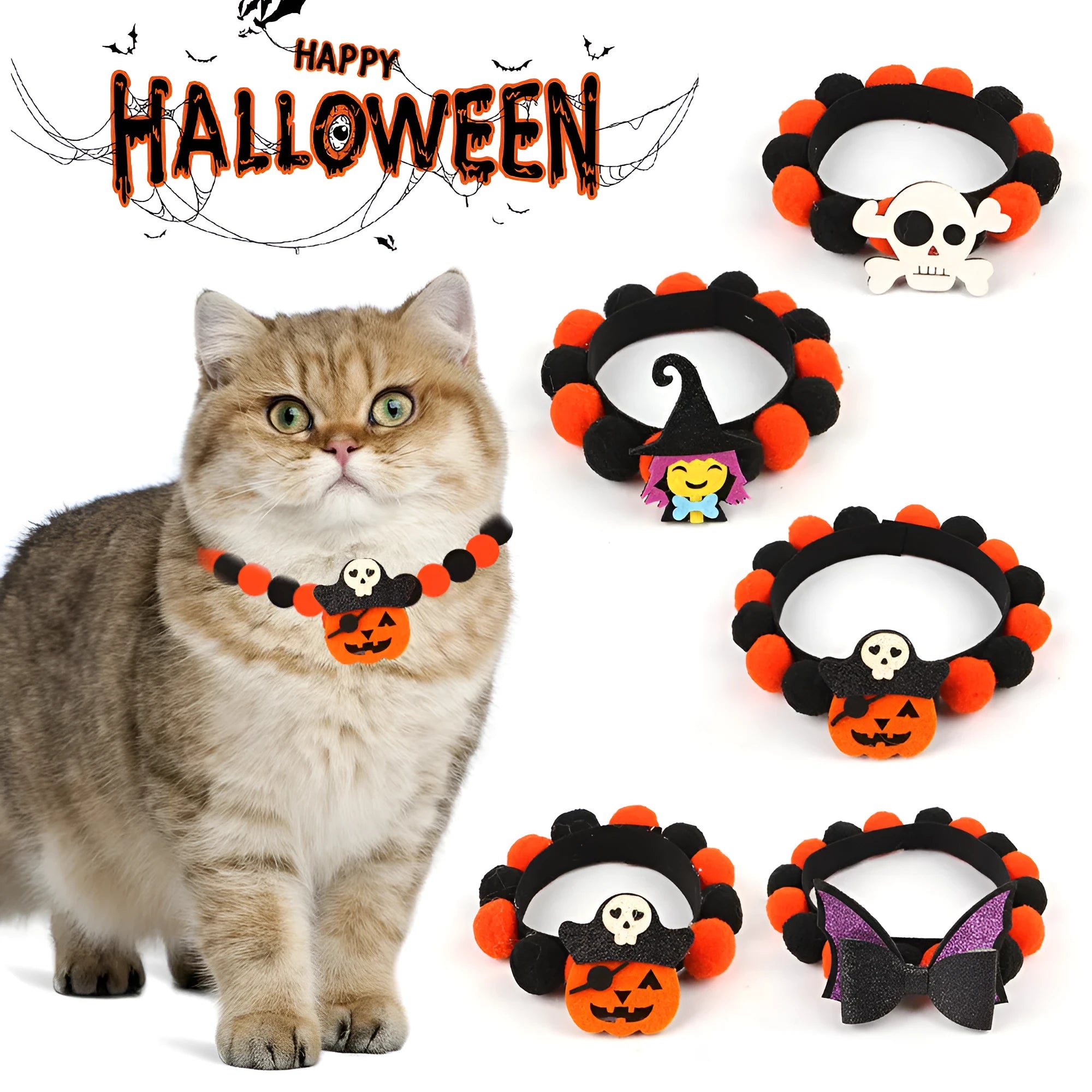 Halloween pet collar with a fur ball decoration in a pumpkin design, shown in size M.