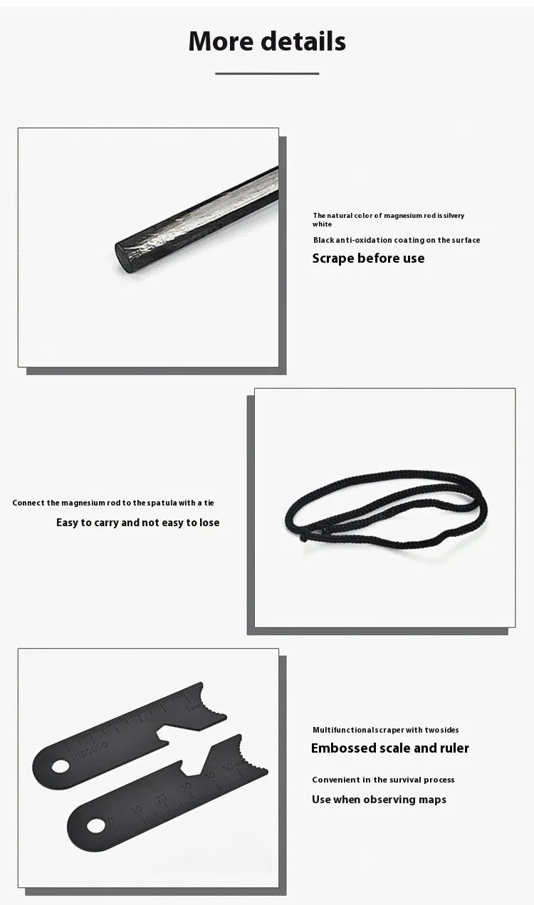 Black outdoor survival flint tool with magnesium rod and stainless steel scraper