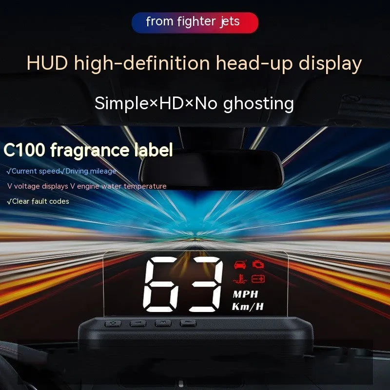 Black car head up display unit showing 2.0-inch screen, with OBD cable for connection.