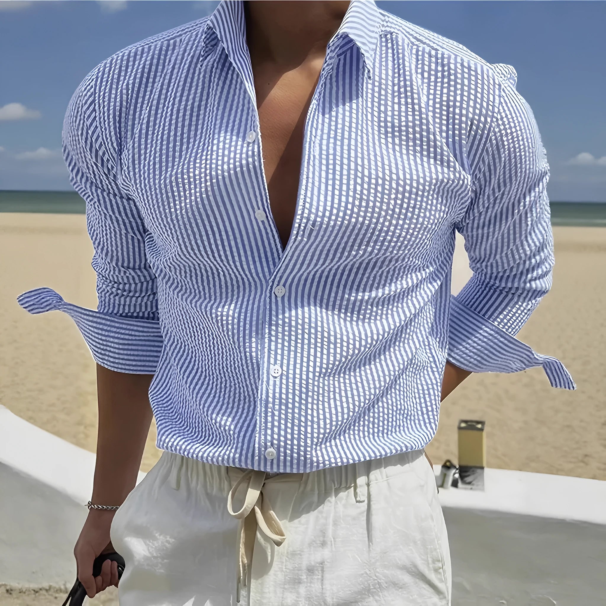 Men's striped cardigan lapel long sleeve shirt in polyester available in multiple colours