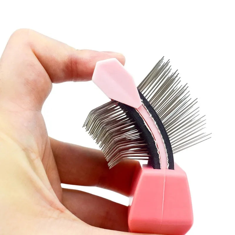 Double-sided pet brush with stainless steel pins and blue ABS handle for dog and cat grooming