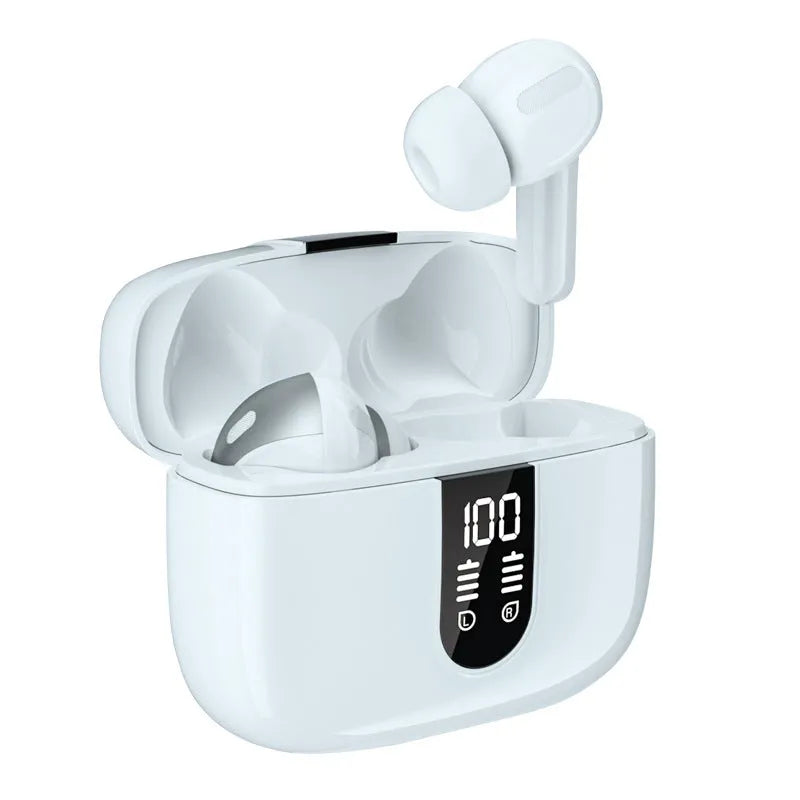 Jerry X08 wireless Bluetooth in-ear headphones and charging case with digital display in black, grey, or white.