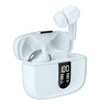Jerry X08 wireless Bluetooth in-ear headphones and charging case with digital display in black, grey, or white.