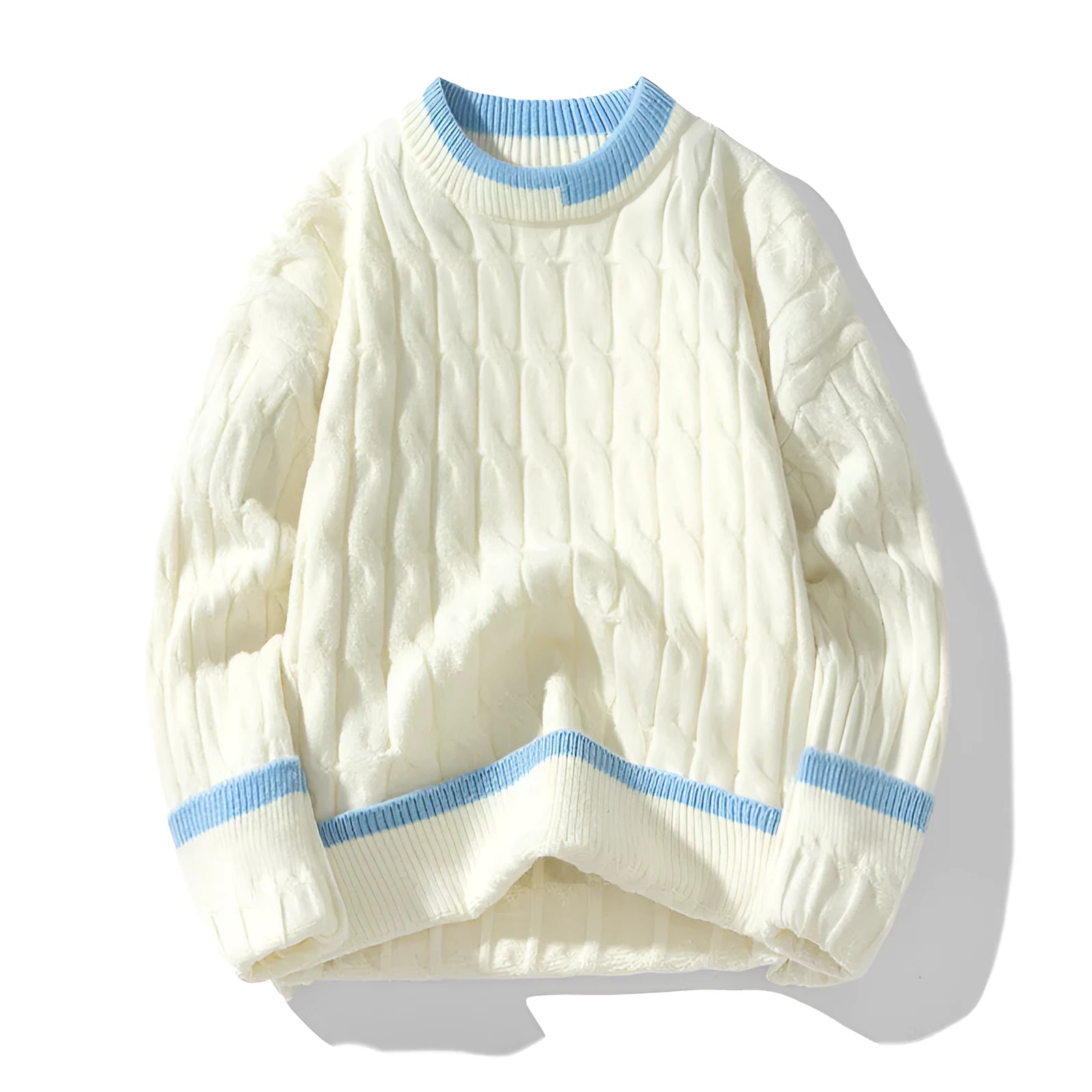 Men's loose fit modal sweater in light blue, shown as a sporty pullover with long sleeves.