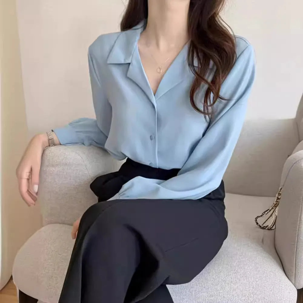 Simple suit collar chiffon shirt women's long sleeve loose cardigan style in white