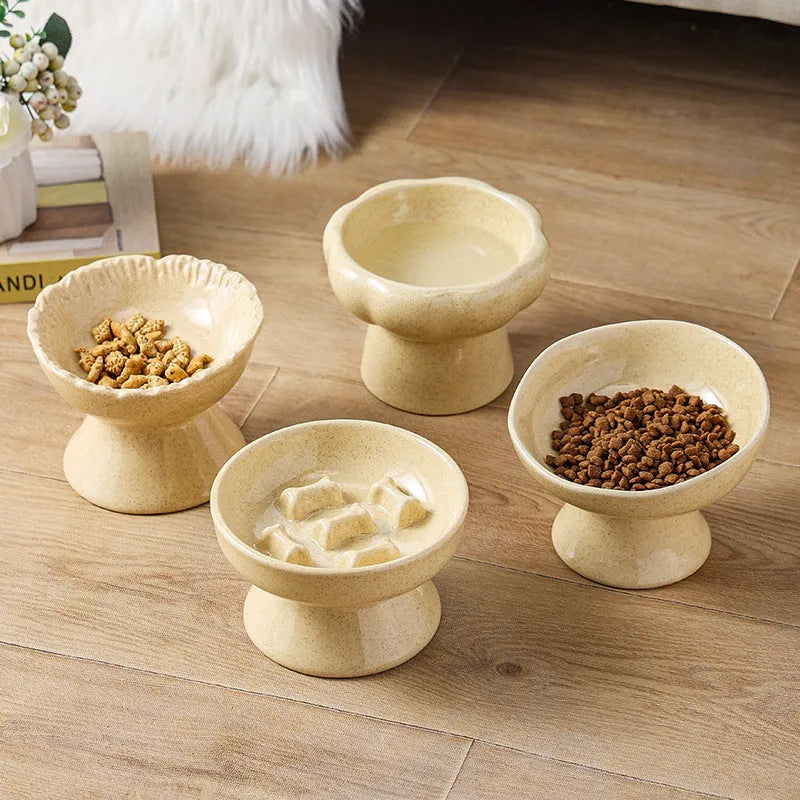 Anti-tumble large diameter ceramic pet bowl for cats in beige, side view