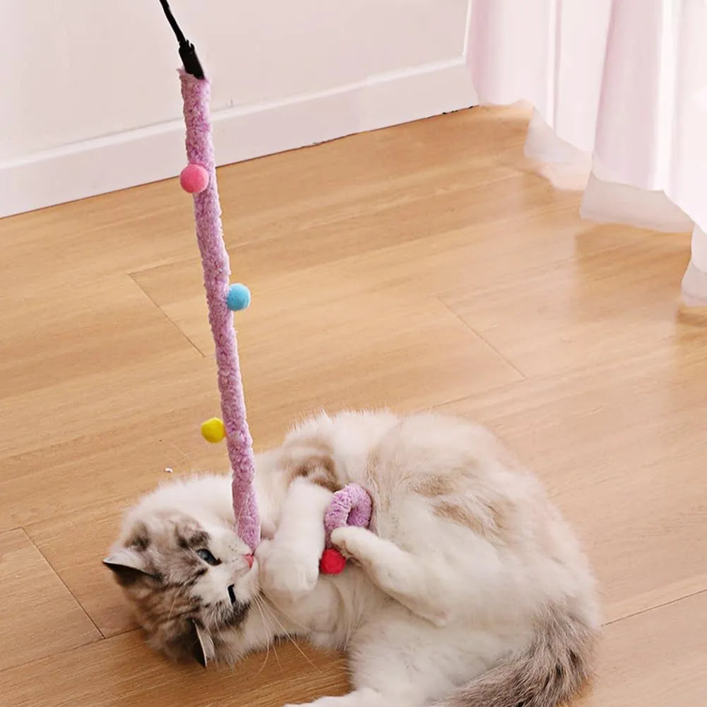 Colourful cat wand toy with long plush strip, fluffy ball, and bells on 41cm pole