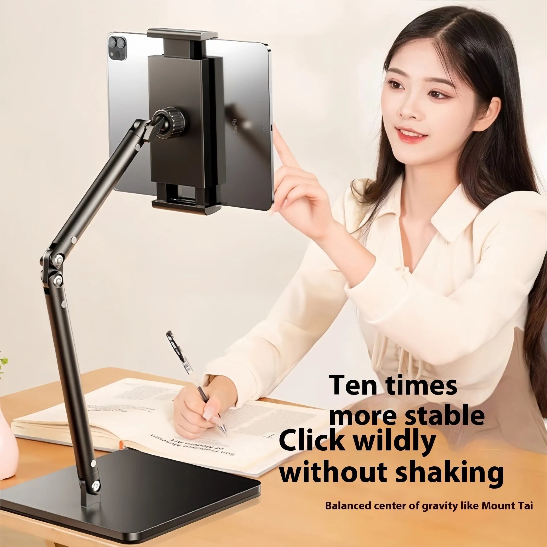 Square double arm alloy desktop bracket holding a mobile phone, with universal adjustment for devices 4-12.9 inches.