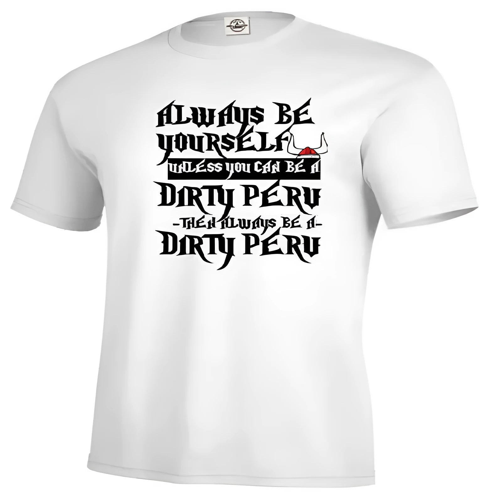 Men's white short-sleeve t-shirt with a printed graphic, shown in a straight casual fit.