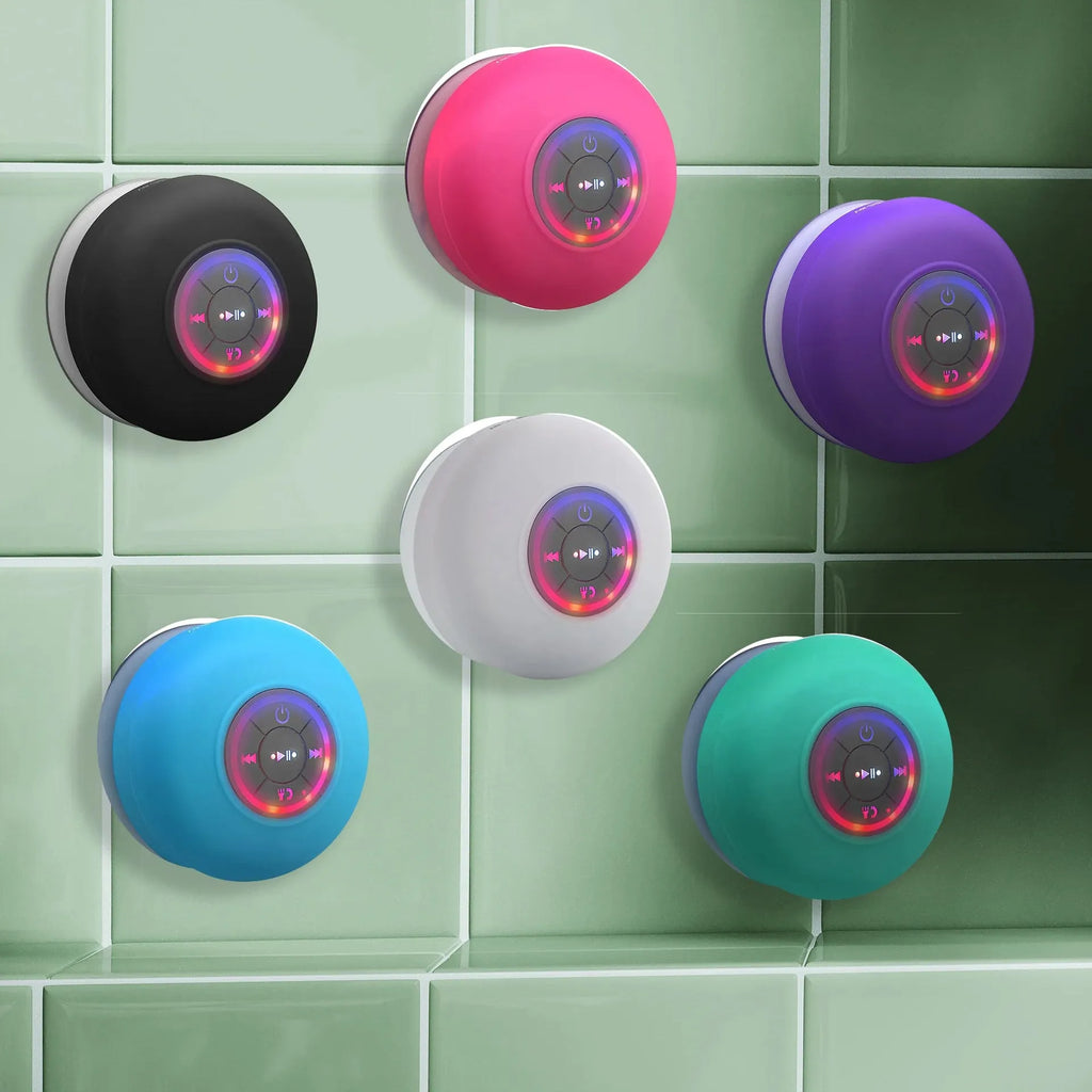 Waterproof Bluetooth speaker with suction cup base and LED lights in six colour options