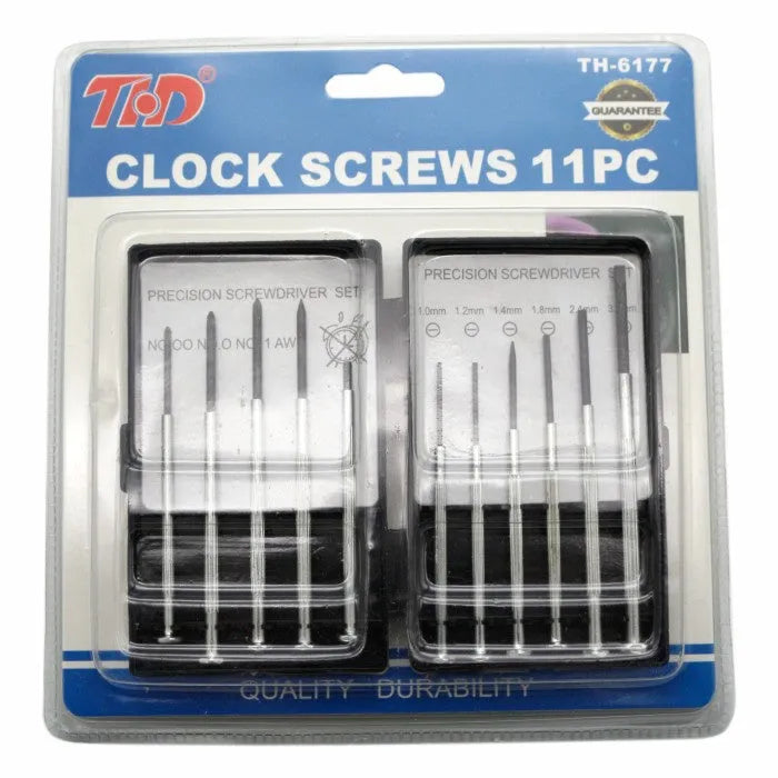 TH-6177 11-piece precision screwdriver set with cross, flat, and other tips on a grey background.