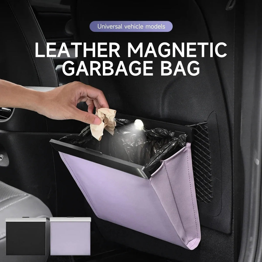 Car leather garbage bag with magnetic closure and LED light, hanging in vehicle interior, black colour