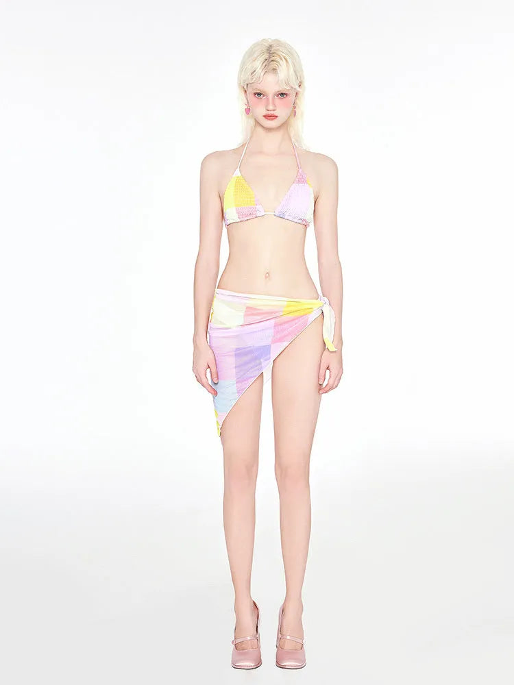 Rainbow pink three-point bikini swimsuit with triangle top and wireless cups