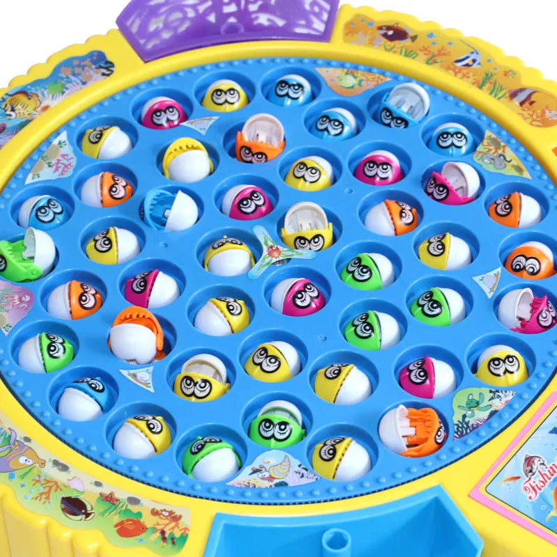 Children's electric rotating fishing machine toy with plastic fish, available in 15, 24 or 45 fish options for ages 4-6.