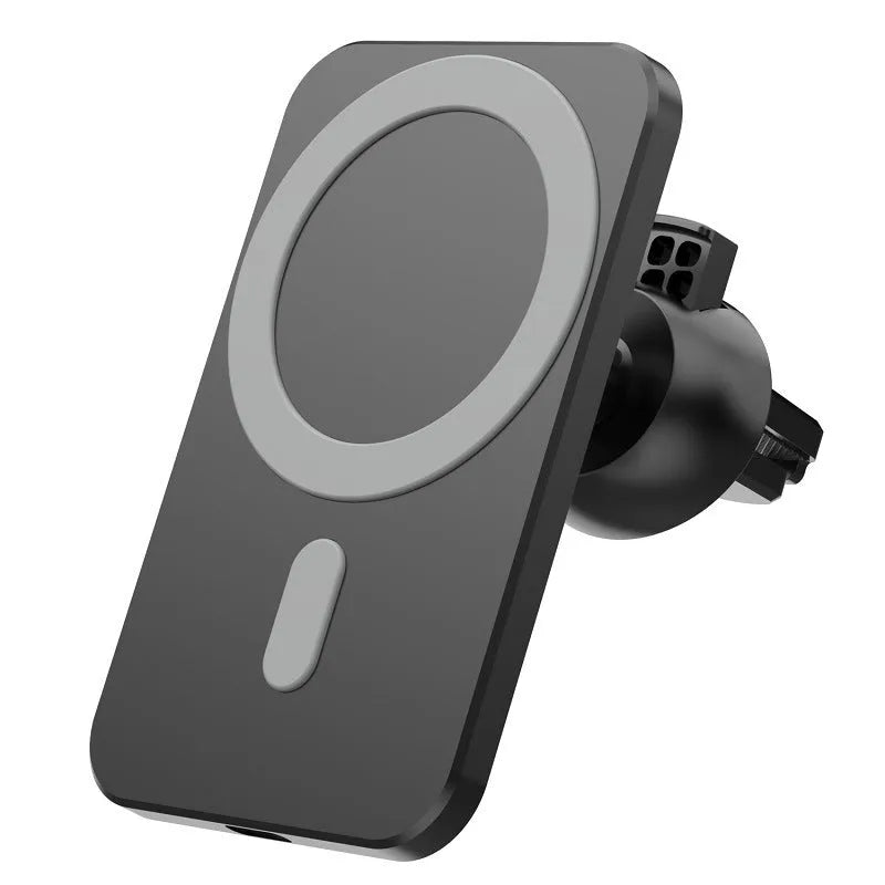 Magnetic car wireless charger holder clipped to a car vent, black X-16 finish, holding a smartphone for hands-free charging and driving.