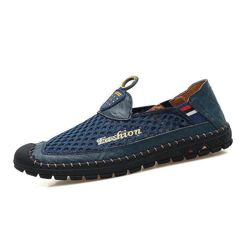 Men's brown casual mesh shoes with a round toe and non-slip rubber sole on a plain background.