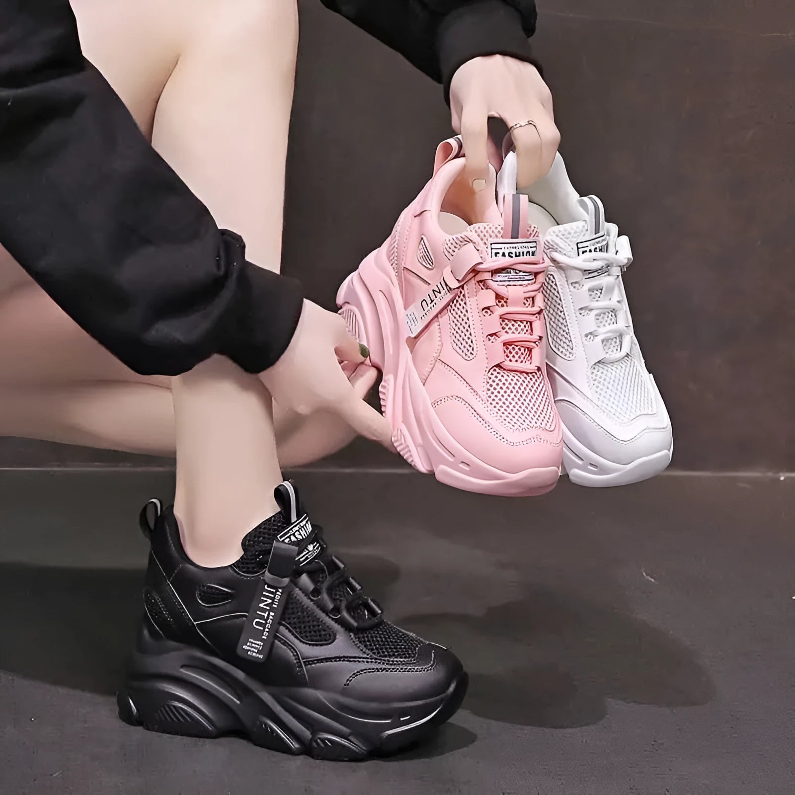 Women's black mesh platform casual shoes with hollow-out design and a velvet lining.