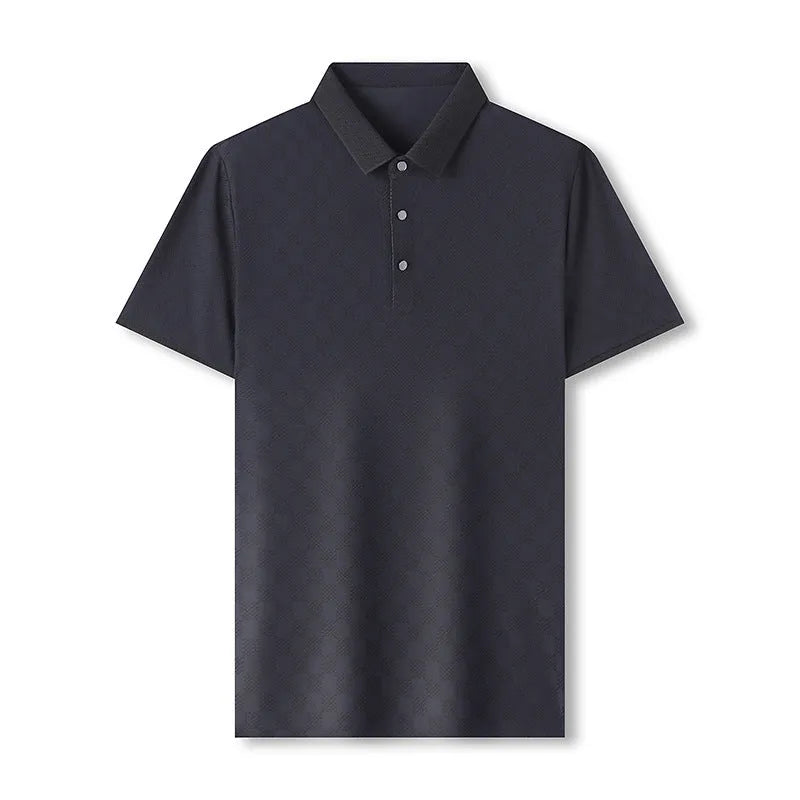 Men's thin rhombus knit short sleeve T-shirt in black, shown with a slit hem detail.