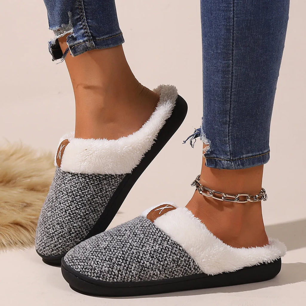 Winter plush thick bottom anti-slip house slippers in burgundy, black, and light gray for men and women