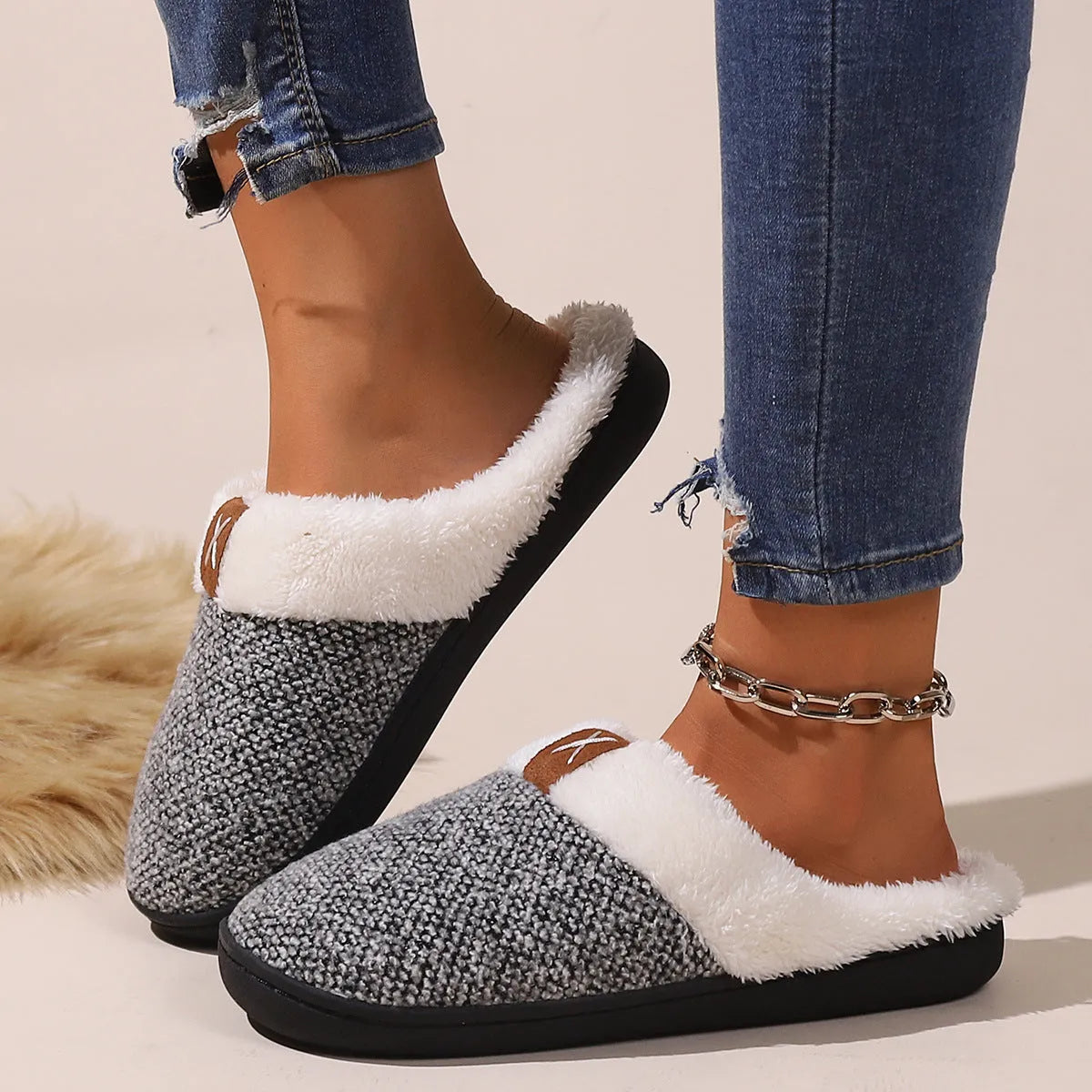 Winter plush thick bottom anti-slip house slippers in burgundy, black, and light gray for men and women