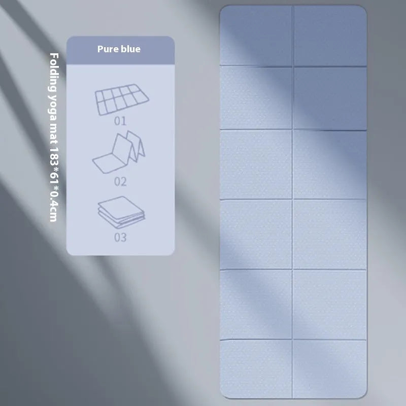 Purple folding TPE gymnastic mat unfolded on a floor, showing its non-slip texture and six-fold creases.