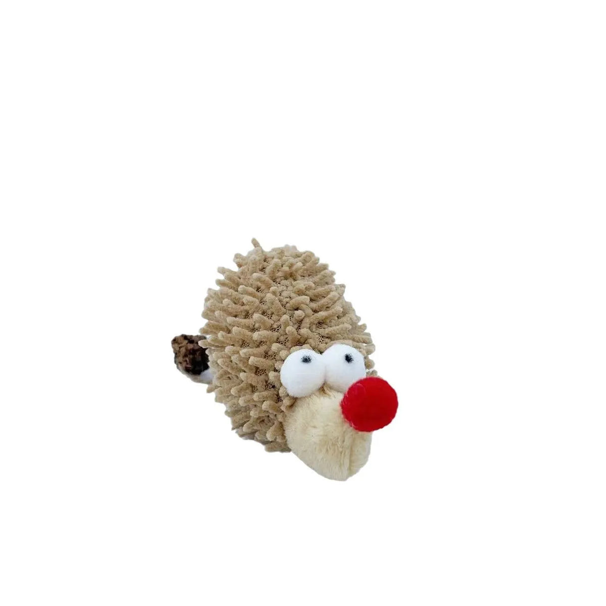 Khaki chenille cat toy shaped like a cartoon hedgehog with catnip filling