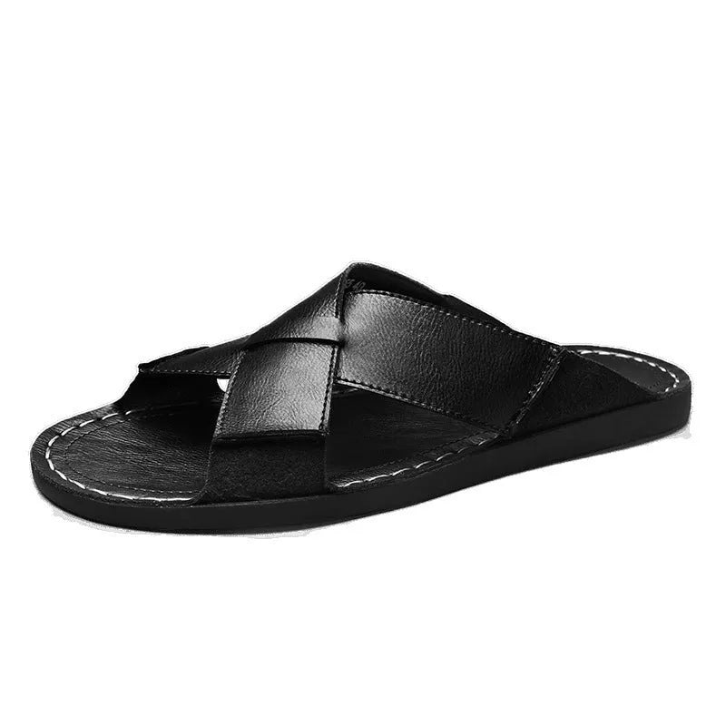 Men's black and brown pigskin leather slip-on sandals with a frosted texture and rubber sole.