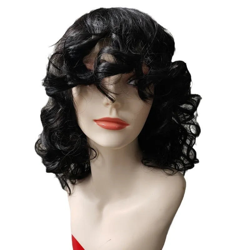 Black synthetic women's Afro wig with long curly exotic style on display