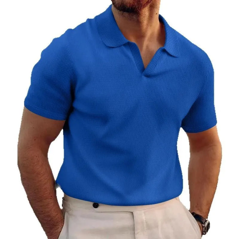 Men's slim fit summer T-shirt with waffle texture and lapels in black, grey, khaki, blue or white