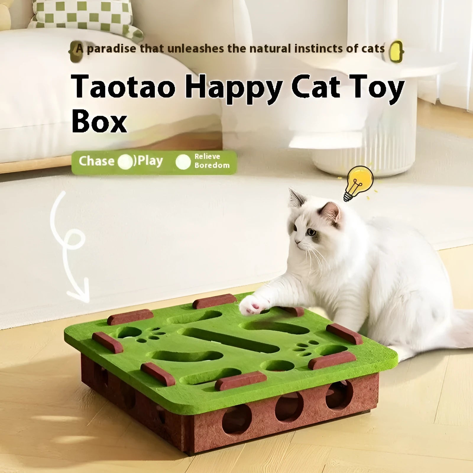 Green brown felt cat toy box with a square hole, measuring 30 cm, on a wooden floor.