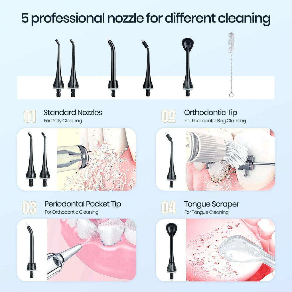 Black portable oral irrigator water flosser with water tank and nozzle for dental cleaning