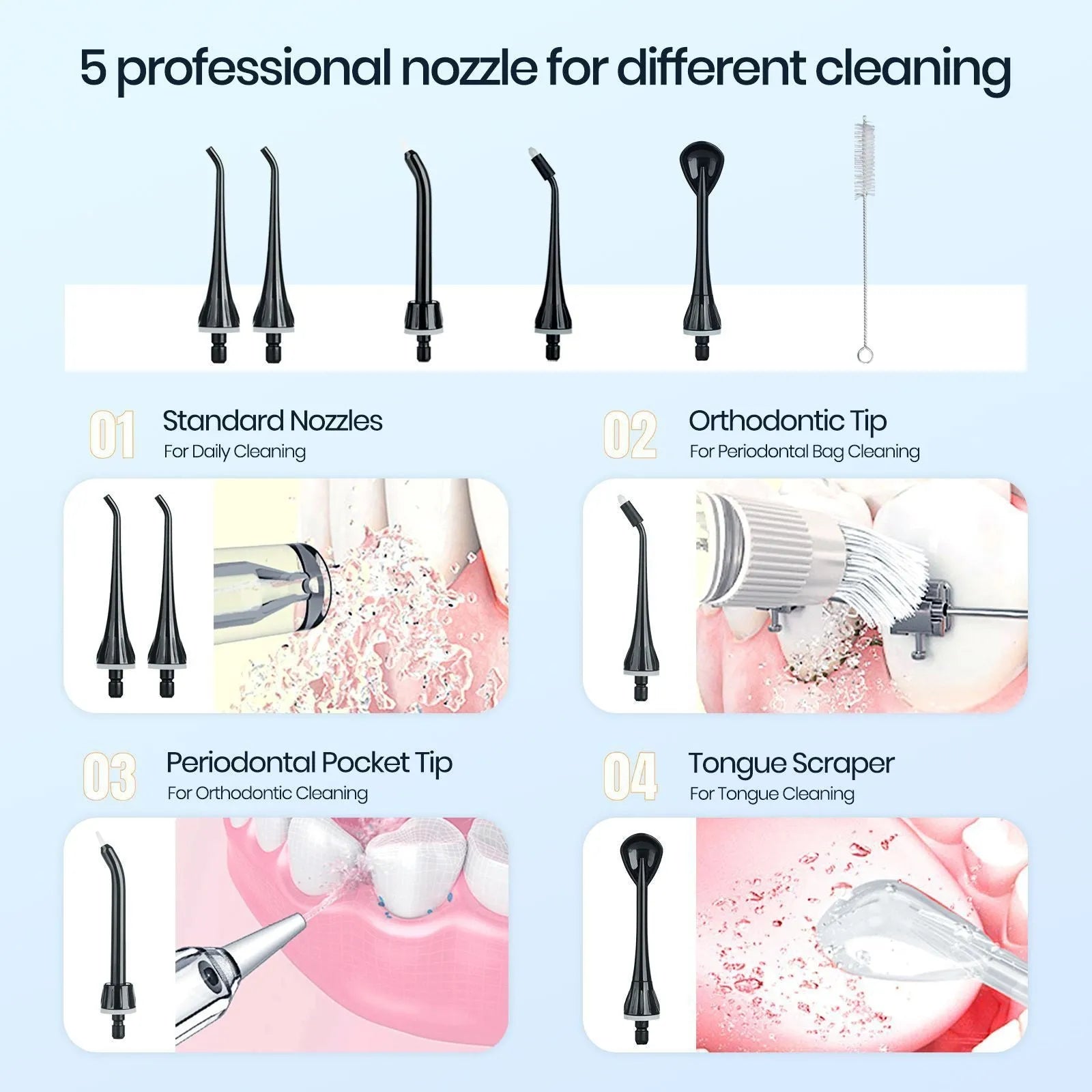 Black portable oral irrigator water flosser with water tank and nozzle for dental cleaning