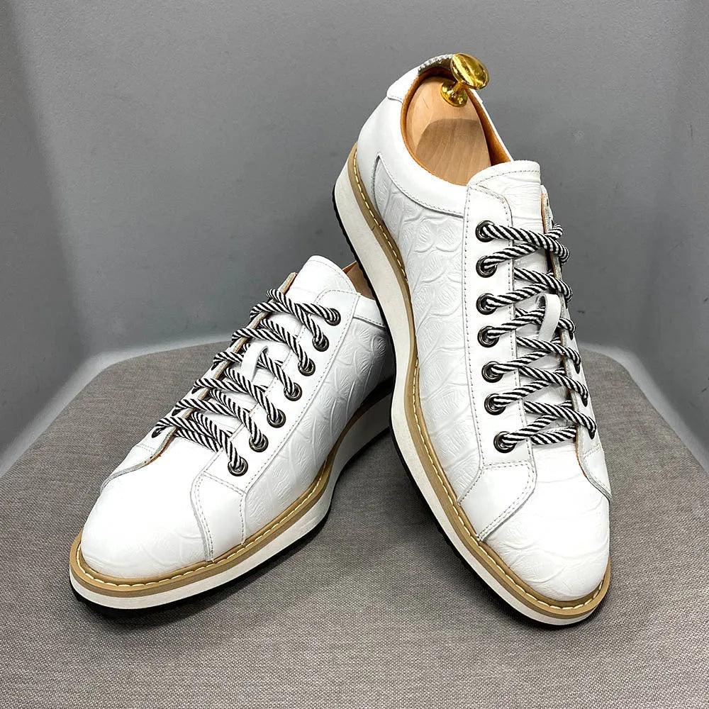 Men's low-top handmade shoes with embossed pattern, front laces, in black, green, white, or grey.