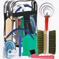 Horse grooming tool set with brushes, combs, and storage bag for equestrian care
