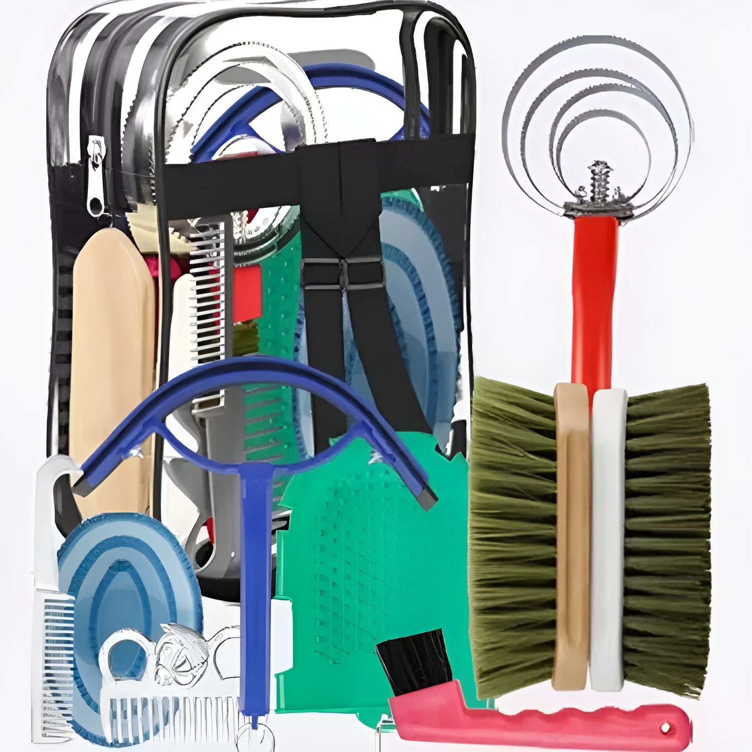 Horse grooming tool set with brushes, combs, and storage bag for equestrian care