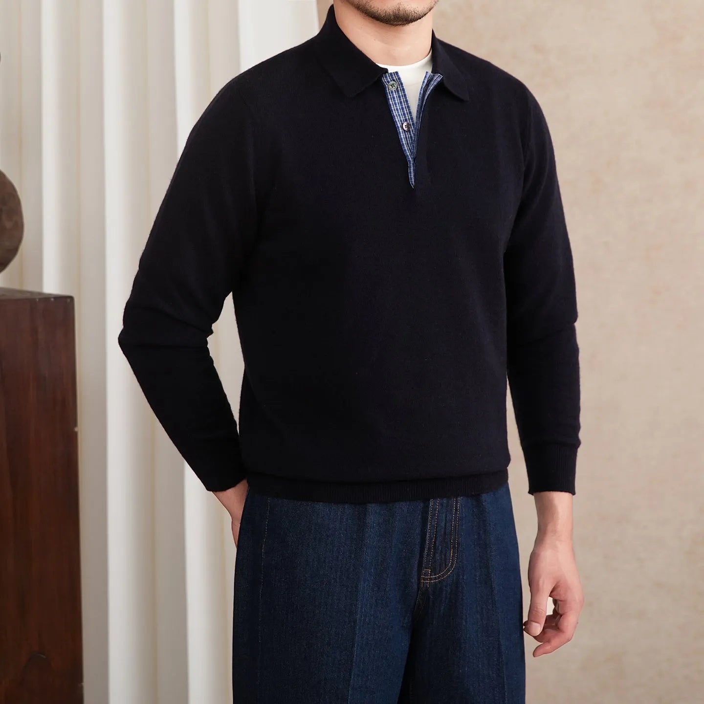 Slim-fit lapel polo shirt in dark blue, wool knitted long sleeve pullover with button placket