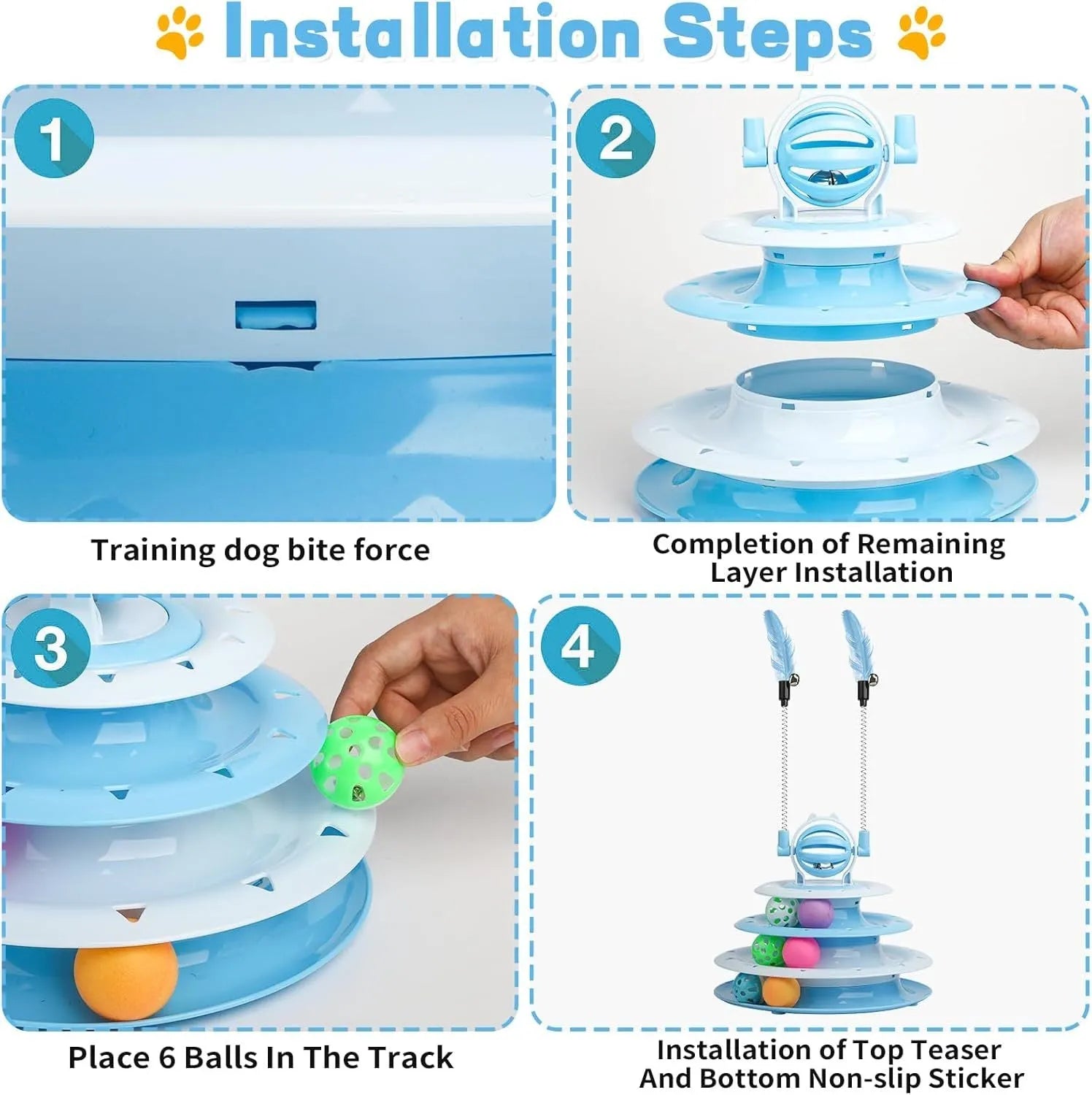 Blue four-tier interactive cat carousel toy with balls and teasing rods on a non-slip base.