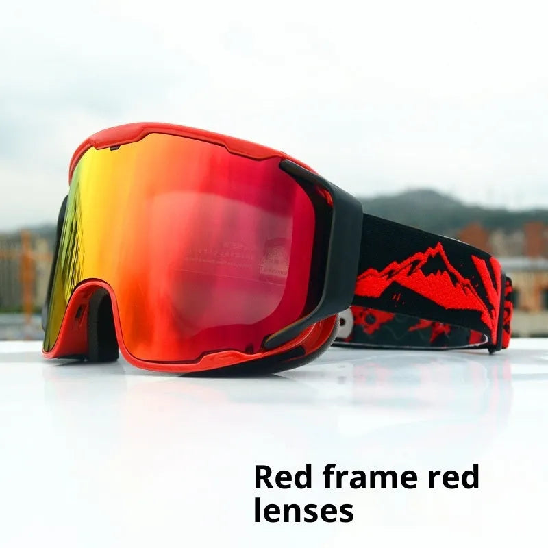 Double-layer anti-fog ski goggles in red frame with red lens film