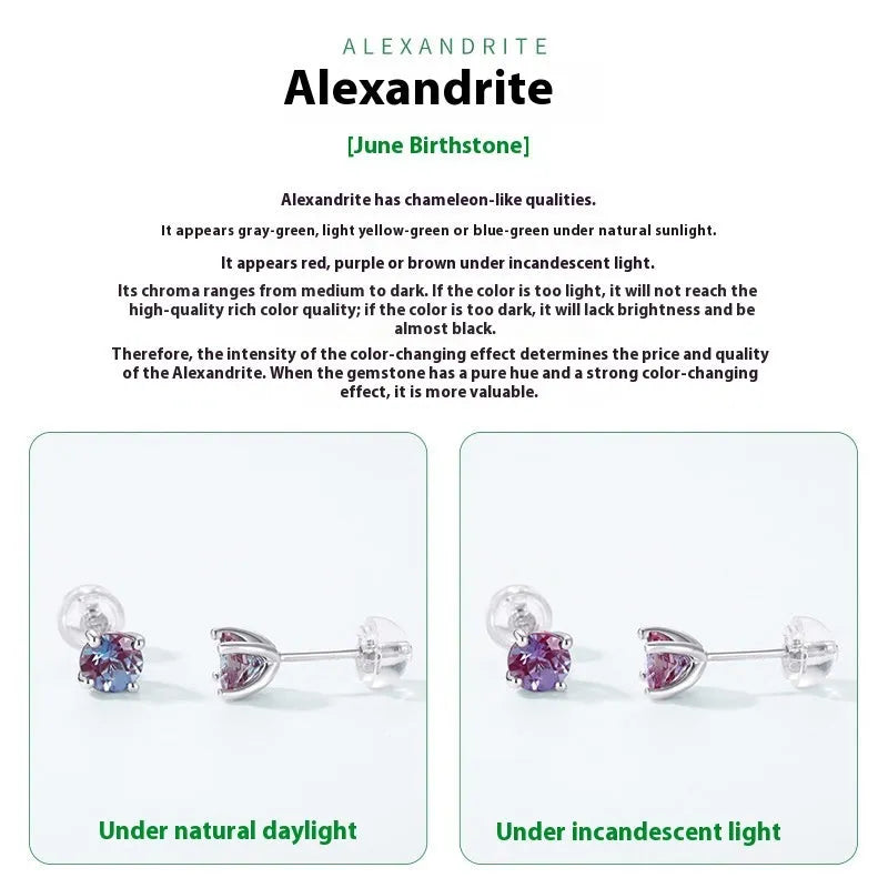 A pair of silver geometric ear studs with a round, coloured Alexander stone setting.