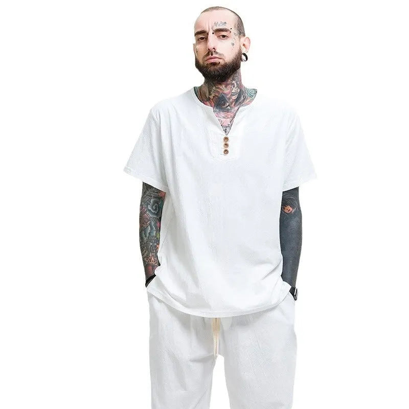 Men's loose cotton linen blend t-shirt in various colours with short sleeves