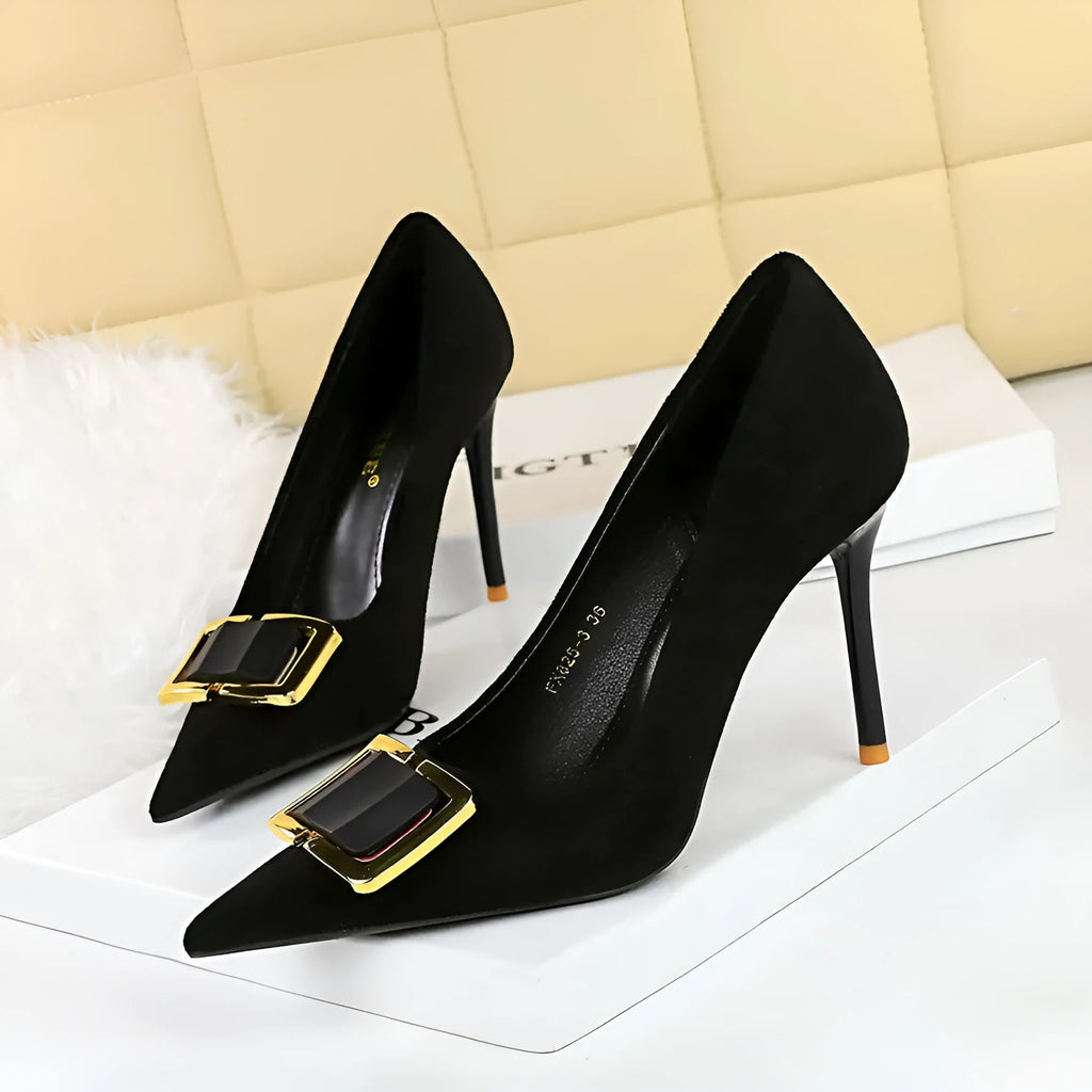 Black suede women's stiletto court shoes with a 9cm high heel and pointed toe.